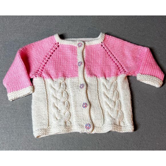 Hand Knit Baby Girl Sweater Cardigan 6-12 months (22" Chest) Pink White Button - Picture 2 of 7